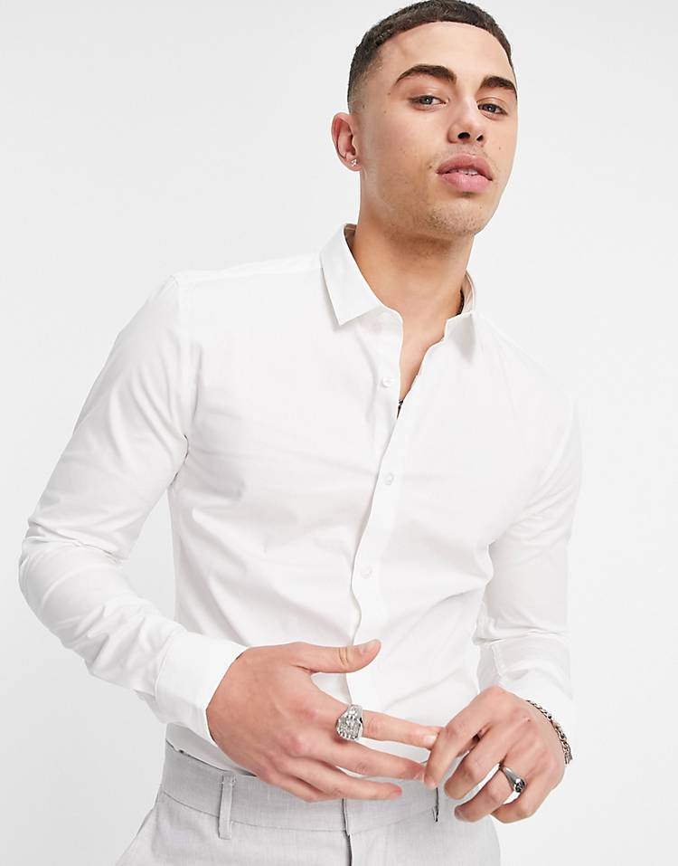 New Look long sleeve muscle fit poplin shirt in white